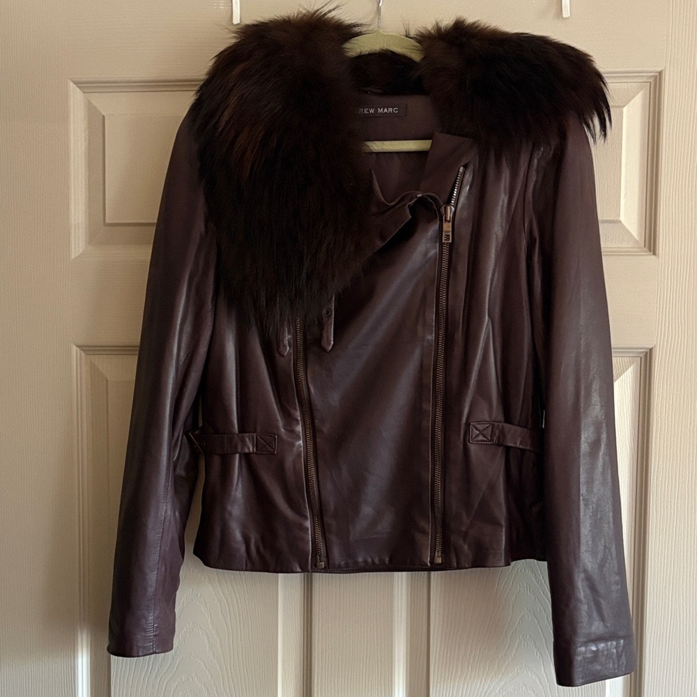 Andrew Marc Dark Brown Leather Jacket with Fur Collar